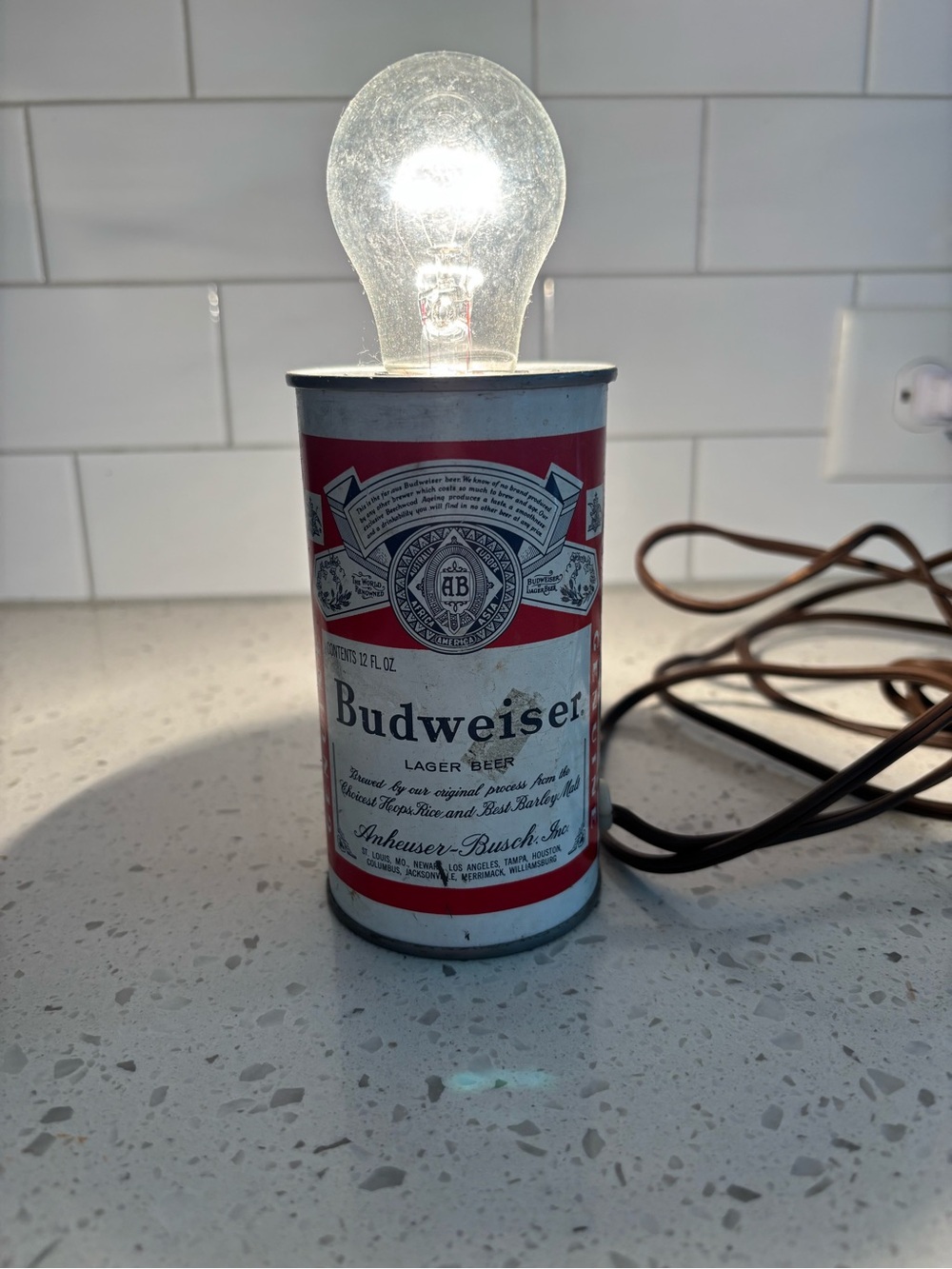 Vintage Budweiser Red & White Can Lamp with Exposed Bulb